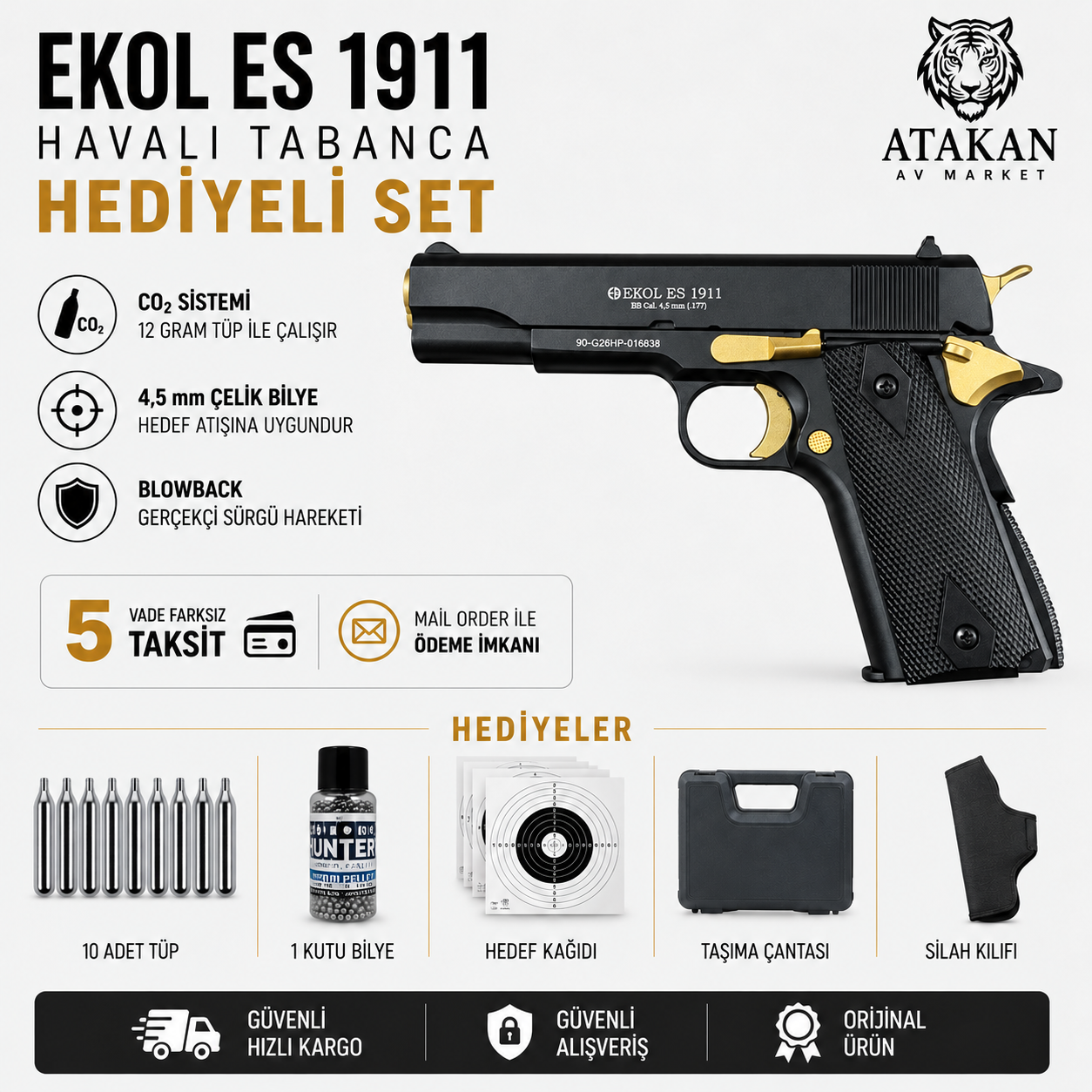EKOL ES 1911 Siyah ALTIN Havalı Tabanca.- Blowback