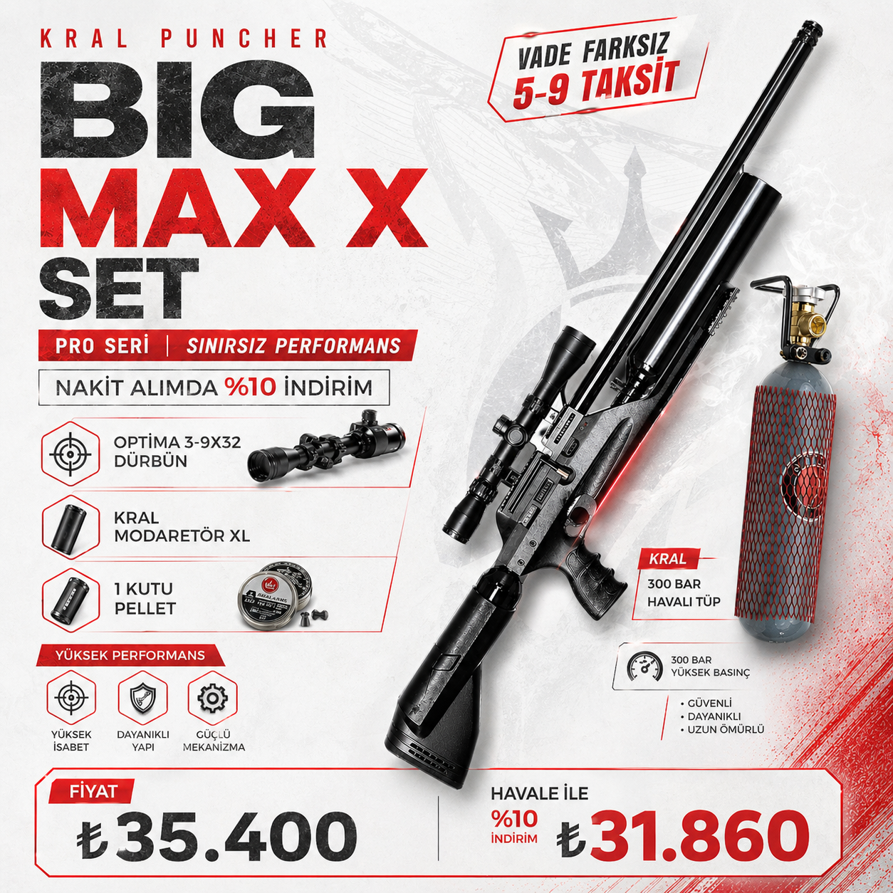 KRAL ARMS KRAL BİGMAX X SİYAH PCP HAVALI TÜFEK FUL SET