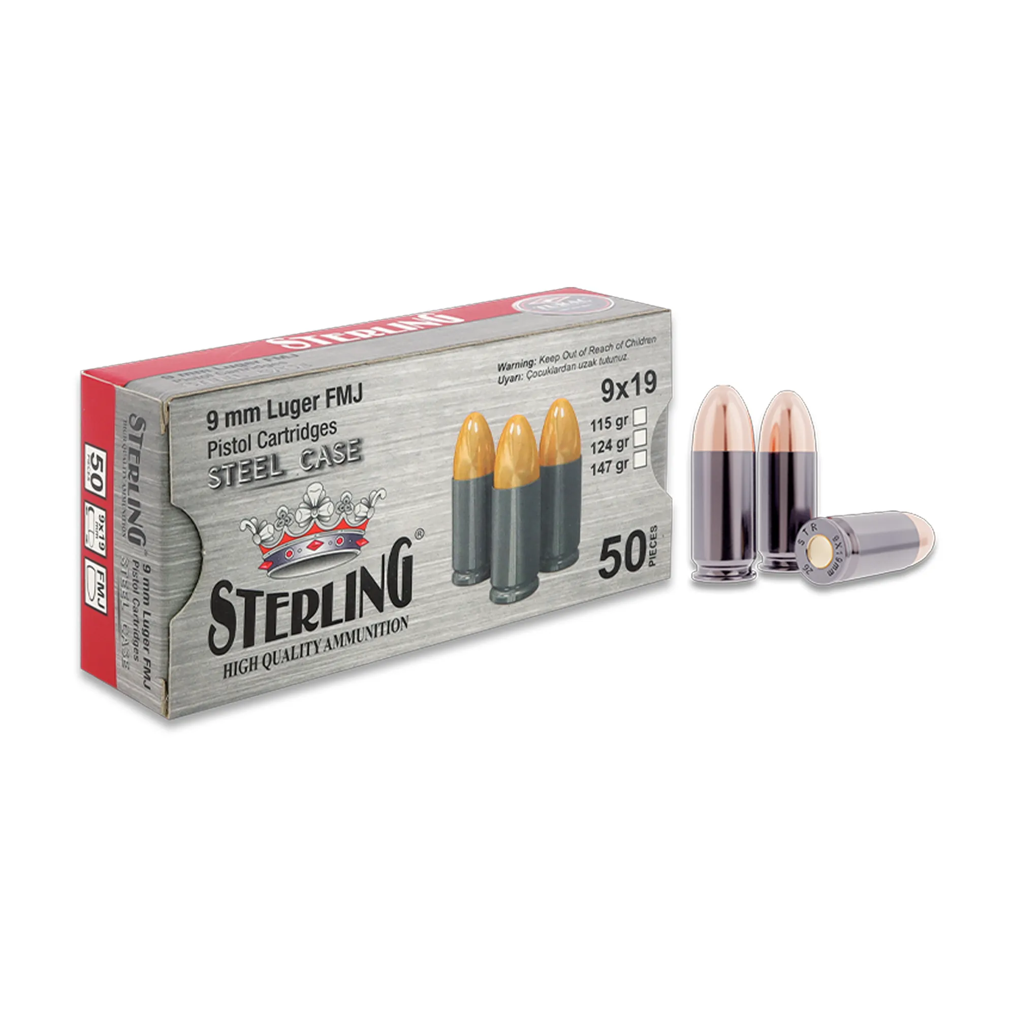 STERLING Sterling 9×19 Luger Çelik Kovan FMJ 115 Grain Tabanca Mermisi